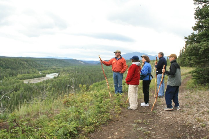 Five people with walking sticks overlook a forested valley and river.